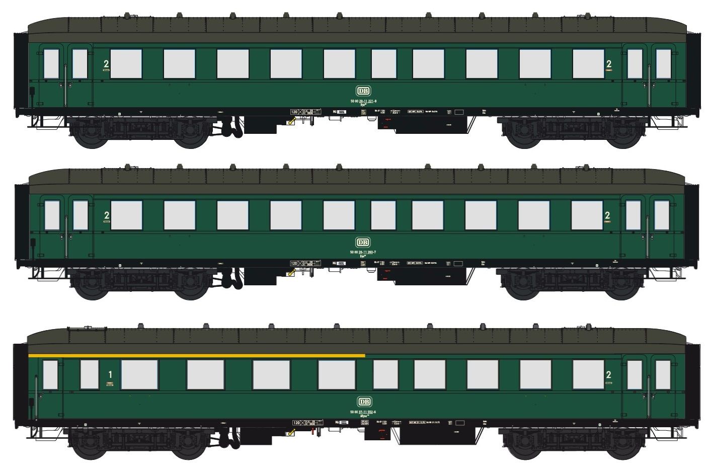 Set besteht aus: Eilzugwagen 2x 2.Klasse - 1x 1/2.Klasse neue Nummern, DB, Flaschengrün, Ep. IV